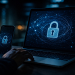Tela abstrata de bloqueio digital em computador durante operação contra sites de apostas irregulares