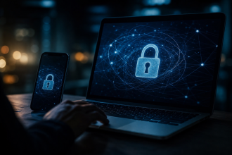 Tela abstrata de bloqueio digital em computador durante operação contra sites de apostas irregulares
