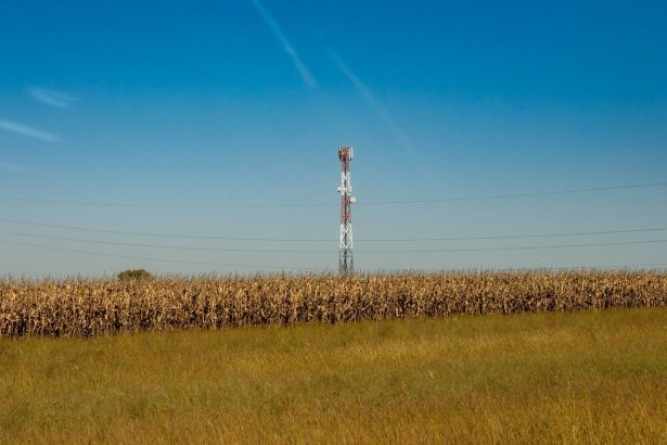 Torre de comunicação instalada em um campo rural, sob céu azul.